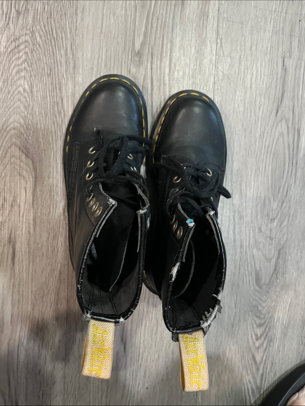 Dr. Martens Kids Black  vegan vLeather Lace-Up Boots with Yellow Stitching